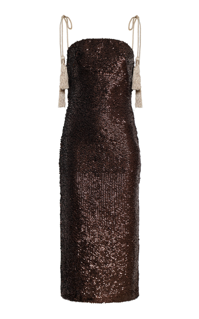 Shop Andres Otalora Mis Puertas Tasseled Sequin Midi Dress In Brown