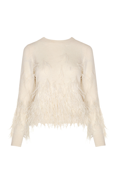 Shop Andres Otalora Solo Canto Feather-embellished Alpaca-wool Knit Top In Off-white