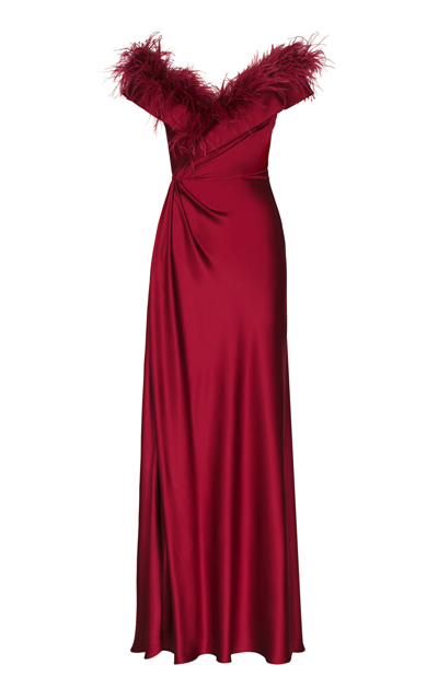 Shop Andres Otalora Primera Vista Feather-trimmed Silk Charmeuse Gown In Red