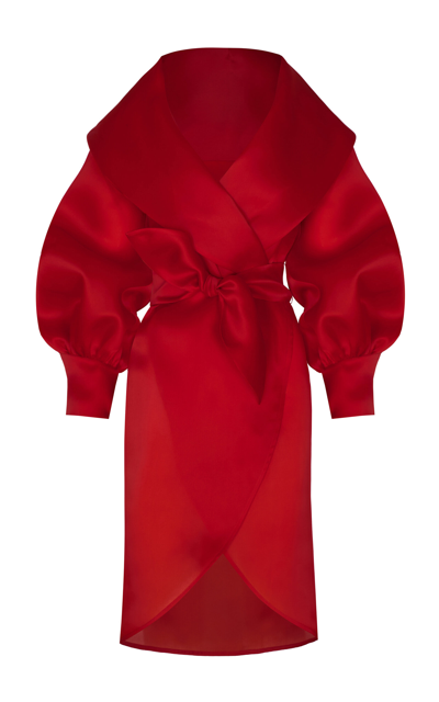 Shop Andres Otalora Encanto Colonial Silk Organza Midi Wrap Dress In Red