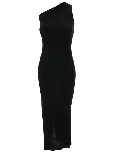 Shop Rick Owens 'athena' Long Black Ribbed One Shoulder Dress In Wool Woman