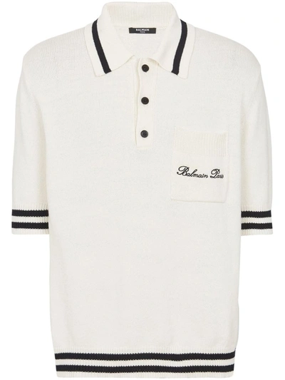 Shop Balmain Polo Shirt With Embroidery In Nude & Neutrals