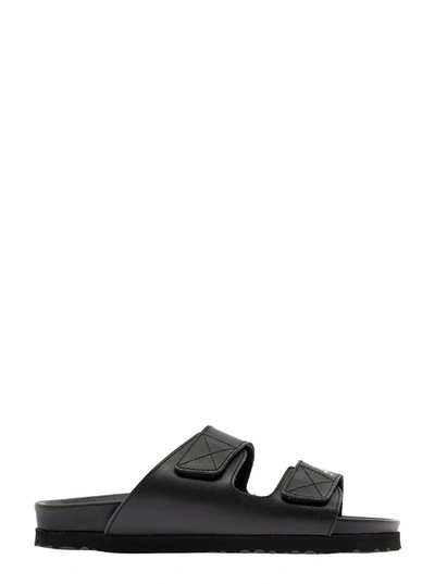 Shop Palm Angels Slides With Logo And Touch Strap In Black Leather Woman