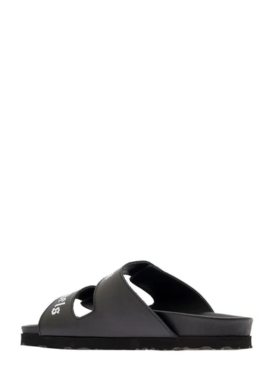 Shop Palm Angels Slides With Logo And Touch Strap In Black Leather Woman