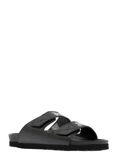 Shop Palm Angels Slides With Logo And Touch Strap In Black Leather Woman