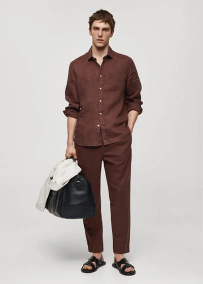 Shop Mango Slim-fit Trousers With Drawstring Burgundy