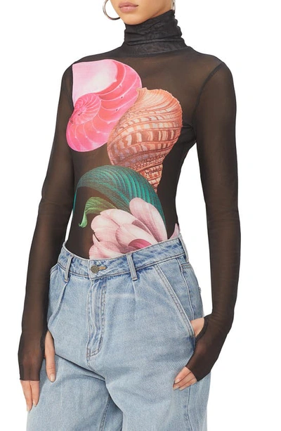 Afrm Zadie Mesh Turtleneck Top In Surreal Shells