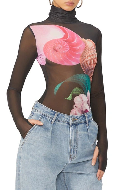 Afrm Zadie Mesh Turtleneck Top In Surreal Shells