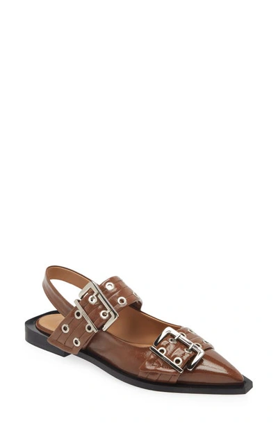 Ganni Buckle Ballerina Leather Slingback Flats In Fossil