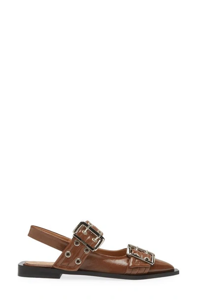 Ganni Buckle Ballerina Leather Slingback Flats In Fossil