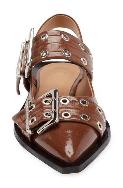 Ganni Buckle Ballerina Leather Slingback Flats In Fossil