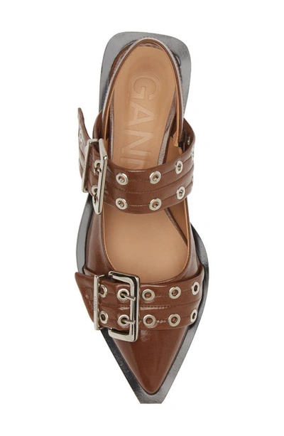 Ganni Buckle Ballerina Leather Slingback Flats In Fossil