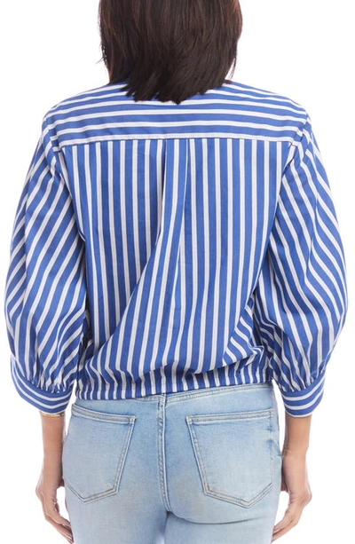 Shop Karen Kane Stripe Tie Hem Cotton Blend Button-up Shirt In Indigo