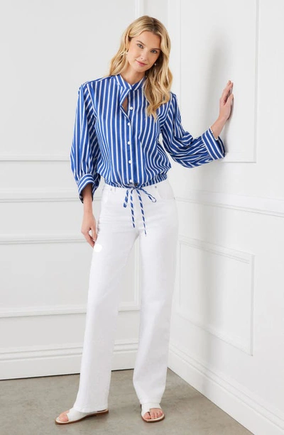 Shop Karen Kane Stripe Tie Hem Cotton Blend Button-up Shirt In Indigo