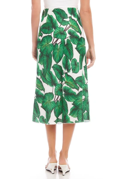 Shop Karen Kane Palm Print Bias Cut Linen Midi Skirt In Green
