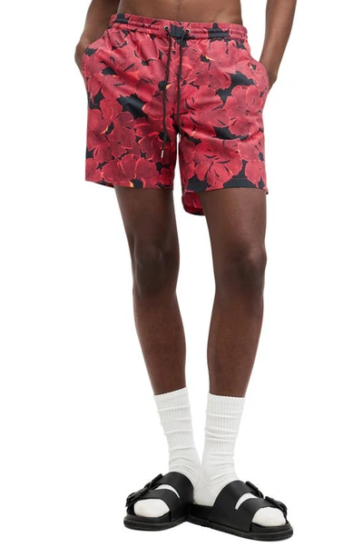 Shop Allsaints Kaza Swim Trunks In Jet Black/ Burgundy