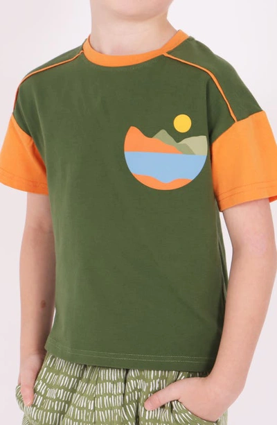 Shop Tiny Tribe Kids' Landscape Colorblock Cotton Graphic T-shirt In Moss Green