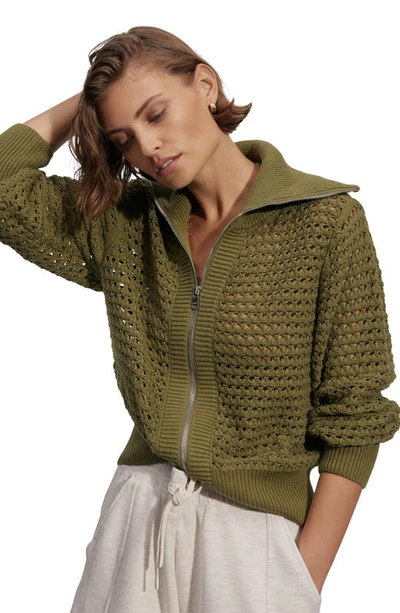 Shop Varley Eloise Open Stitch Cotton Zip-up Cardigan In Fresh Fern
