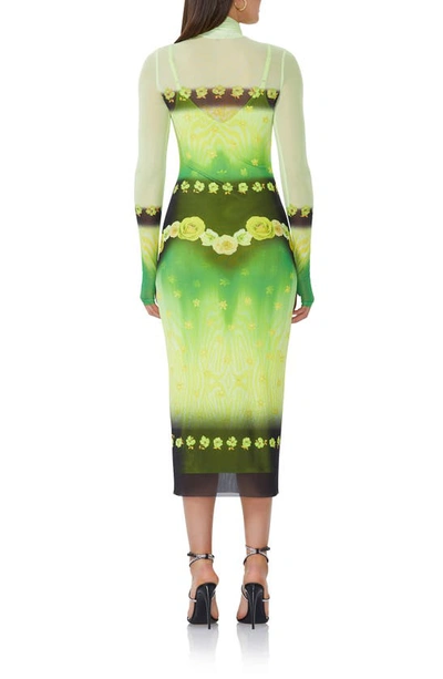 Shop Afrm Shailene Long Sleeve Turtleneck Mesh Dress In Lime Floral Placement