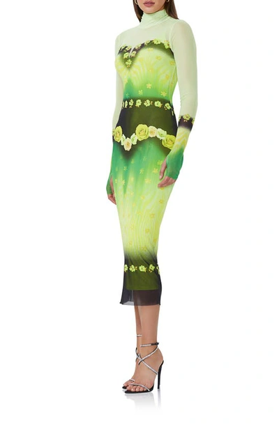 Shop Afrm Shailene Long Sleeve Turtleneck Mesh Dress In Lime Floral Placement