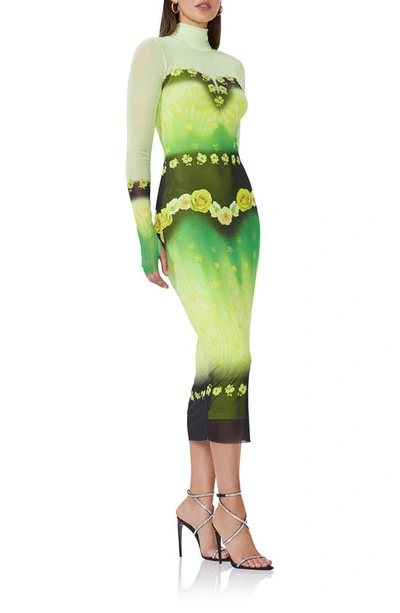 Shop Afrm Shailene Long Sleeve Turtleneck Mesh Dress In Lime Floral Placement