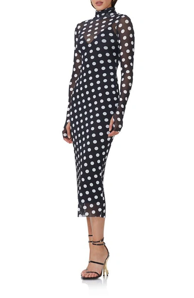 Afrm Shailene Mesh Long Sleeve Midi Dress In Diagonal Dot