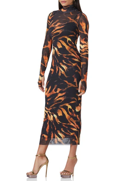 Shop Afrm Shailene Long Sleeve Turtleneck Mesh Dress In Caramel Zebra