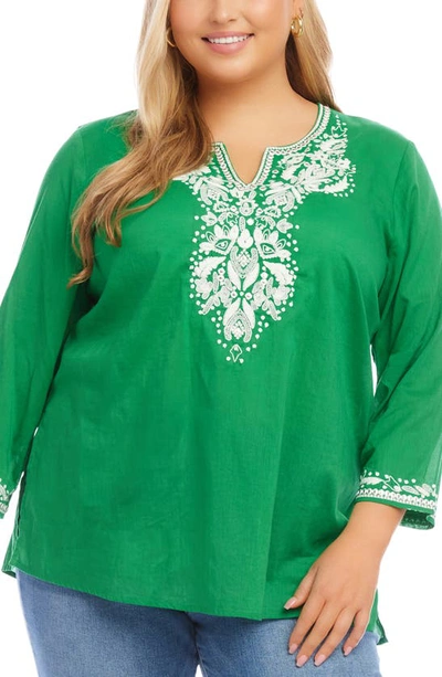 Shop Karen Kane Embroidered Cotton Tunic Top In Green