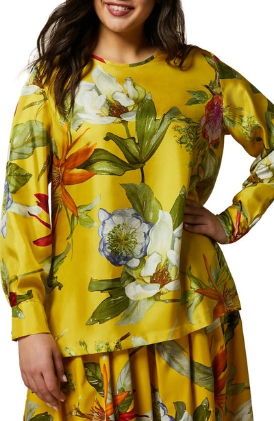 Shop Marina Rinaldi Leandro Floral Silk Twill Top In Lemon Big