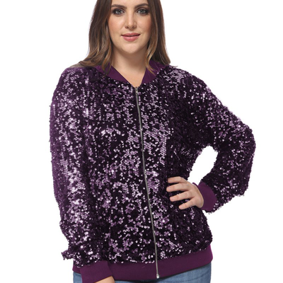 Shop Anna-kaci Plus Size Sequin Bomber Jacket In Purple
