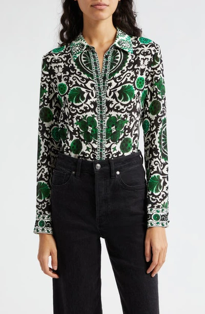 Shop Alice And Olivia Willa Print Placket Shirt In Monarch Light Emerald Small