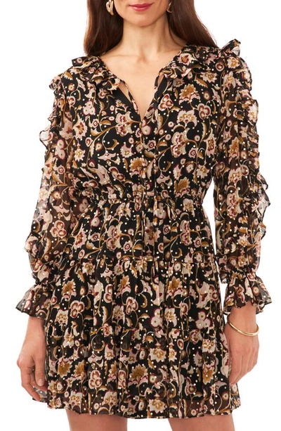 Shop 1.state Floral Ruffle Long Sleeve Minidress In Rich Black
