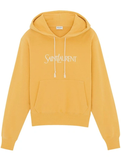 Shop Saint Laurent Logo Cotton Hoodie In Yellow
