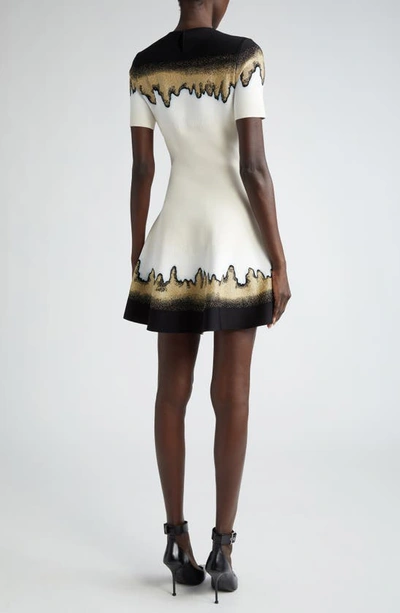 Shop Alexander Mcqueen Abstract Jacquard Fit & Flare Sweater Dress In Ivory/ Black/ Gold