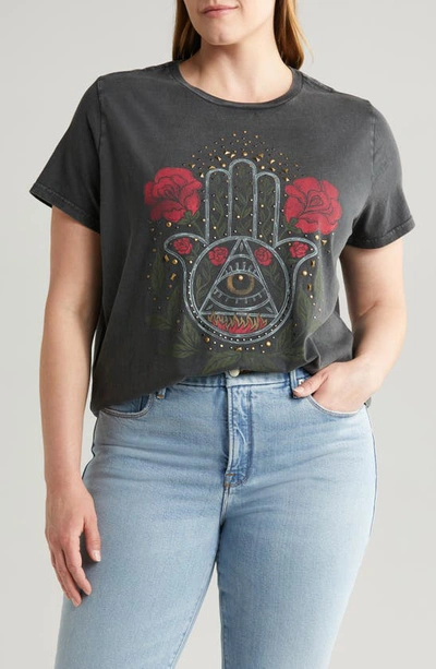 Shop Lucky Brand Rose Hamsa Embellished Cotton Graphic T-shirt In Jet Black