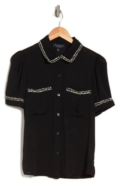 Shop Laundry By Shelli Segal Tweed Trim Button-up Shirt In Black