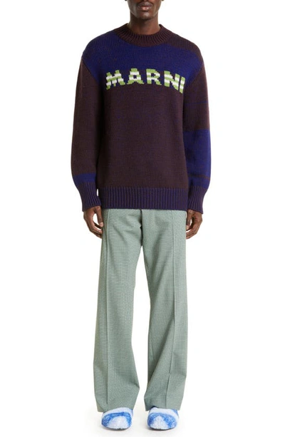 Marni Intarsia-knit-logo Virgin-wool Sweater In Coffee