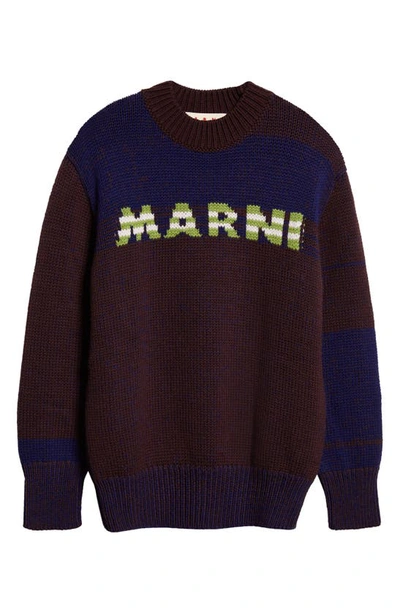 Marni Intarsia-knit-logo Virgin-wool Sweater In Coffee