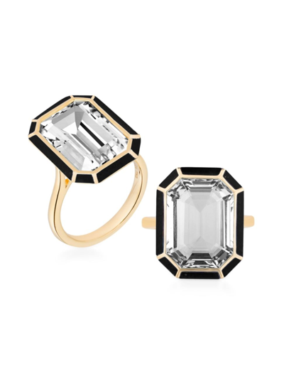 Shop Goshwara Women's Mélange Rock Crystal & Onyx Emerald Cut Ring In Yellow Gold