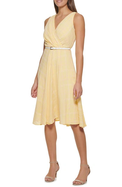 Shop Tommy Hilfiger Windowpane Sleeveless Fit & Flare Midi Dress In Yellow/ Pink