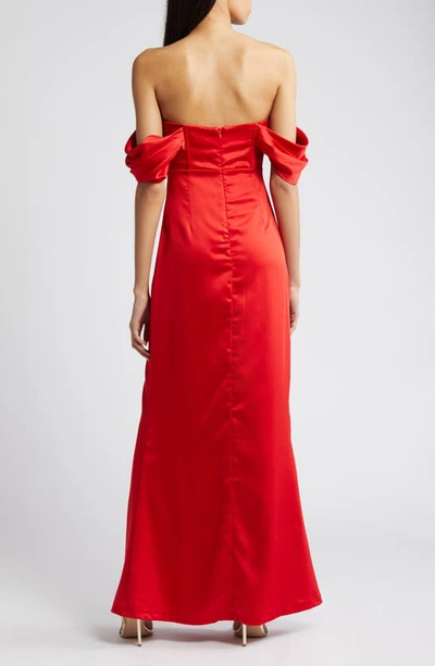 Lulus Exquisite Stunner Off The Shoulder Satin Gown In Red