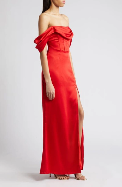 Shop Lulus Exquisite Stunner Off The Shoulder Satin Gown In Red