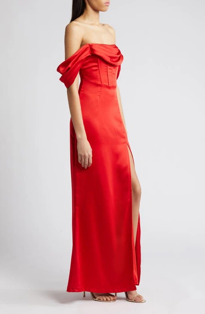 Lulus Exquisite Stunner Off The Shoulder Satin Gown In Red