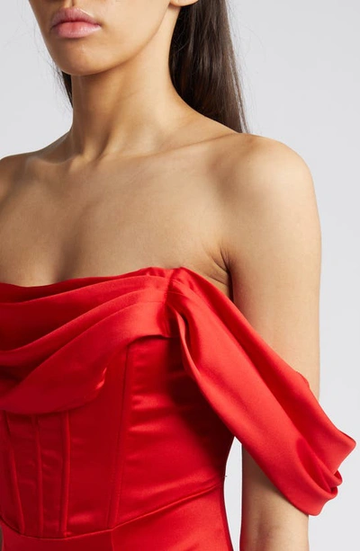 Lulus Exquisite Stunner Off The Shoulder Satin Gown In Red