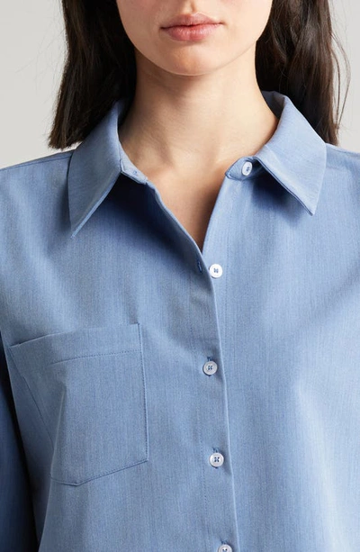 Shop Wayf Sunday Crop Button-up Shirt In Chambray Blue