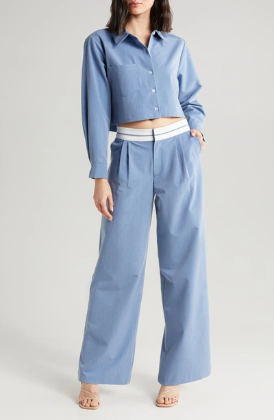 Shop Wayf Sunday Crop Button-up Shirt In Chambray Blue