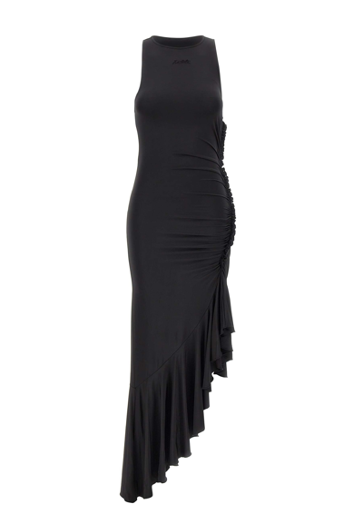 Shop Rotate Birger Christensen Slinky Asymmetric Viscose Dress In Black