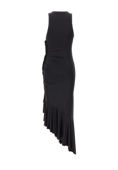 Shop Rotate Birger Christensen Slinky Asymmetric Viscose Dress In Black