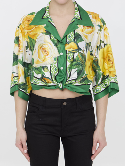 Shop Dolce & Gabbana Rose-print Knotted Shirt In Yellow