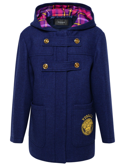 Shop Versace Blue Wool Coat In Navy